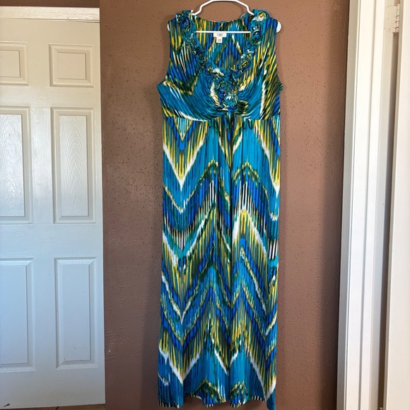 Cato Woman Dresses & Skirts - Cato Woman Blue Yellow Chevron Ikat Ruffle V-Neck Maxi Dress Plus Size 18/20W
